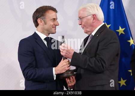 28 May 2024, Münster: French President Emmanuel Macron receives the Westphalia International Peace Prize from German Head of State Frank-Walter Steinmeier. Photo: Rolf Vennenbernd/dpa Stock Photo