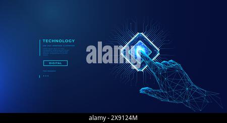 finger presses on a chip or processor. Technology innovation concept. Stock Vector
