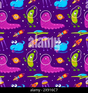 Cute space cartoon monsters. Aliens. Galaxy, dreams, universe. Space travel. Neon colors, Y2k, Flight among planets and stars. Shuttle, UFO, future Ha Stock Vector