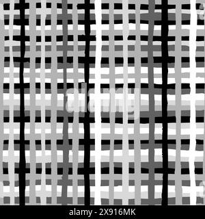 Gray and White Checkered Bold Black Stripes Hand Drawing Seamless Vector Pattern Stock Vector