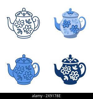 Decorated teapot icon set in flat and line style. Porcelain pot in traditional Russian Gzhel style. Vector illustration. Stock Vector