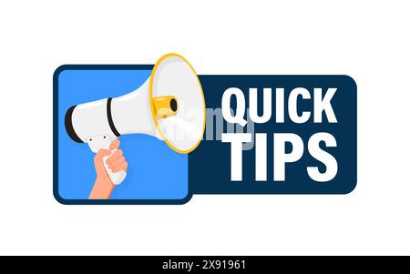 Quick tips. Hand hold megaphone speaker for announce. Attention please. Shouting people, advertisement speech symbol Stock Vector