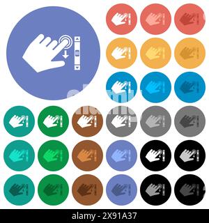 Left handed scroll down gesture multi colored flat icons on round backgrounds. Included white, light and dark icon variations for hover and active sta Stock Vector