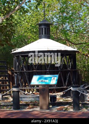 Miami, Florida, United States - May 26, 2024: Old metal lamp of Cape Florida Lighthouse in the state park of Key Biscayne. Only for editorial use. Stock Photo