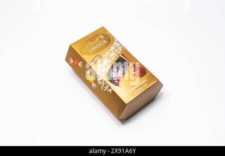 A box of Lindt Lindor Assorted Truffles on white background. Stock Photo