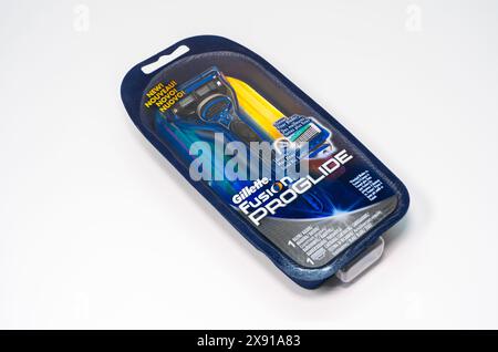 A box of Gillette Fusion Proglide on white background. Stock Photo