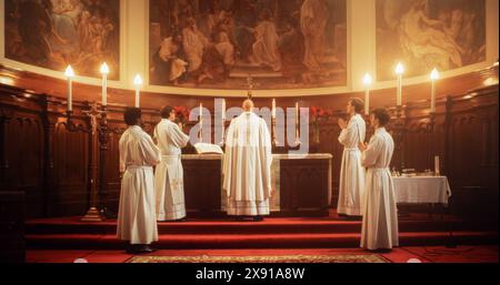 In Grand Old Church at the Altar Ministers Lead The Eucharist, a Sacred Christian Ceremony. Holy Communion, Divine Mass, Lord's Supper. Community Sharing Wisdom and Guidance of the Bible Stock Photo