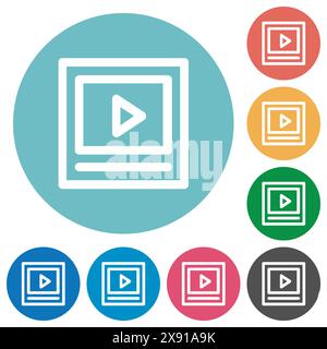 Playing video outline flat white icons on round color backgrounds Stock Vector