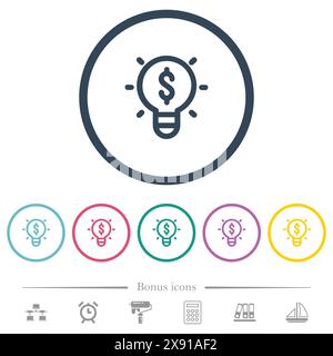 Profitable idea outline flat color icons in round outlines. 6 bonus icons included. Stock Vector