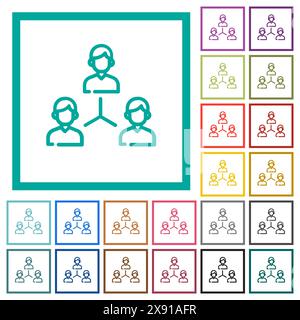 Networking business group outline flat color icons with quadrant frames on white background Stock Vector