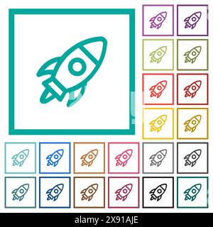 Launched rocket outline flat color icons with quadrant frames on white background Stock Vector