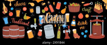 Fruit cider set. Wooden barrels, cans, glasses, mugs, metal keg, bottle opener, tap. Hand drawn craft fruit beer collection. Cider process production. Stock Vector