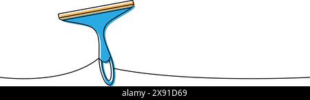 Glass cleaner, cleaning glass, squeegee one line colored continuous drawing. Cleaning service tools continuous one line illustration. Stock Vector