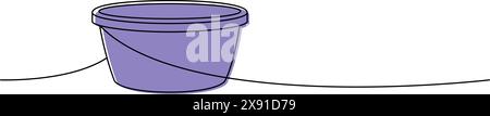 Plastic basin, cleaning bowl, water bucket one line colored continuous drawing. Cleaning service tools continuous one line illustration. Stock Vector