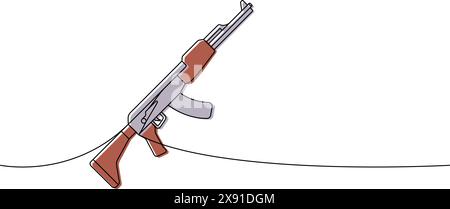 Assault rifle AK 47 one line colored continuous drawing. Various modern weapons continuous one line illustration. Vector linear illustration. Stock Vector