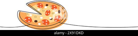 Fresh pizza with tomato, cheese, olive one line colored continuous drawing. Traditional italian fast food continuous one line illustration. Stock Vector