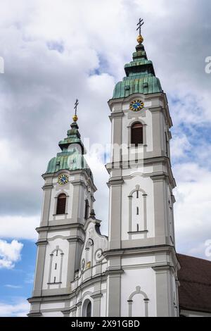 The twin towers of the Catholic parish church of St Peter, formerly the monastery church of the Augustinian canons of St Peter, 1479, from 1712 Stock Photo