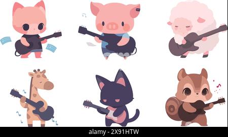 Illustration pack that ties up images of animals playing the guitar Stock Vector