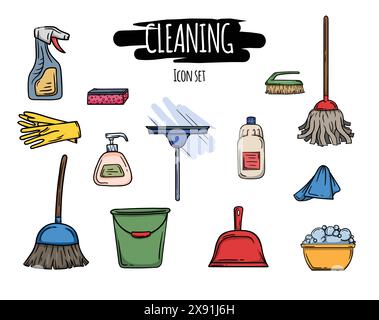 Cleaning icons set. Bright vector editable illustration of cleaning supplies, tools and items Stock Vector