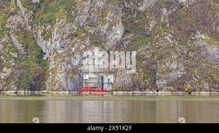 Tekija, Serbia - March 15, 2024: Trajan Plaque Historic Landmark Tabula Trajana Relic in a Danube River Gorge From 2nd Century. Stock Photo