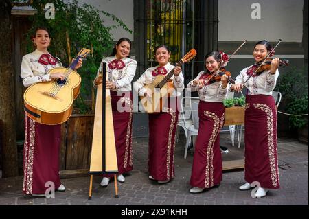 Women of Flor de Agave Mariachi Feminina performing at Tlaquepaque, Guadalajara, Mexico. Stock Photo