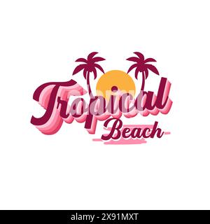 Tropical Beach typography sunset palm tree design Stock Vector
