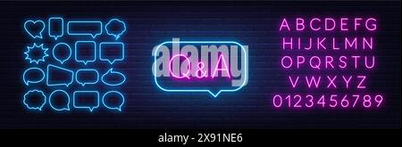 Q and A Neon Sign in speech bubble on brick wall background.. Stock Vector