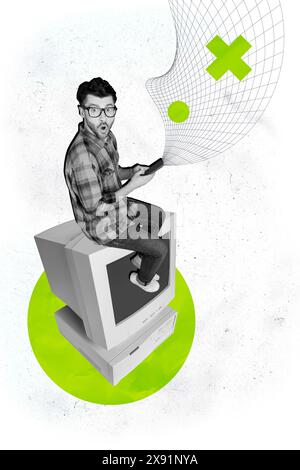 Composite sketch image 3D photo collage of black white silhouette young shocked man hold in hand smartphone sit on retro computer monitor Stock Photo