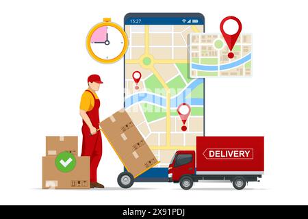 Isometric Logistics and Delivery concept. Delivery home and office. City logistics. Busy delivery man pushing hand truck stacked with delivery Stock Vector