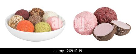 A variety of different truffles in a ceramic bowl Isolated on a white background Stock Photo
