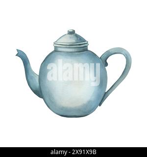 Teapot for brewing. Blue round ceramic teapot. Watercolor illustration. All elements are hand-painted with watercolors. Suitable for printing Stock Photo