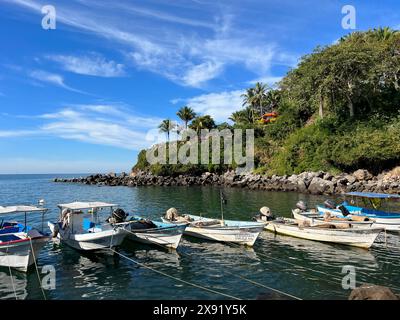 Pangas in the Chacala marina, Nayarit, Mexico. Stock Photo