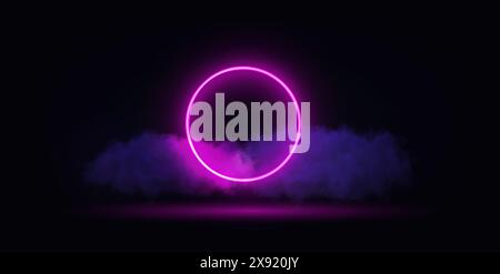 Neon light pink circle with cloud on black background. Stock Vector