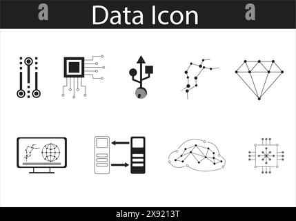 Data Icon Vector Set – Perfect for Tech Presentations, Data Analysis, Infographics, and Digital Marketing Designs Stock Vector