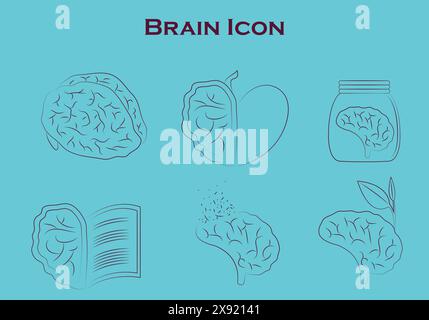 Brain Icon Vector Set – Perfect for Medical Illustrations, Educational Content, Neuroscience Presentations, and Health-Related Designs. Stock Vector