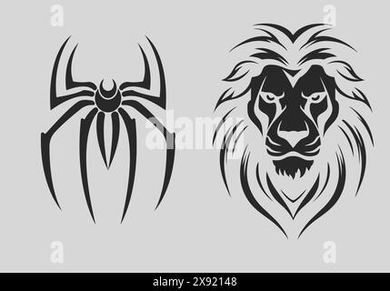 Dynamic Spider and Leo Vector Illustrations – Explore the Cosmic Connection of These Zodiac Signs in Your Design Projects Stock Vector