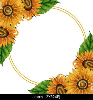 Watercolor sunflowers round frame. Wreath frame with yellow flowers. Summer floral composition.  Autumn flowers arrangement. Hand drawn botanical Stock Photo