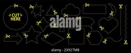 Set of scissors with cut lines. Vector collection of speech bubble, rectangle, star geometric shapes with dashed strokes and scissors cutting the Stock Vector