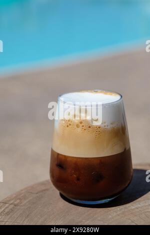 Closeup view of an iced greek  coffee, also known as freddo cappuccino in Ios Greece Stock Photo