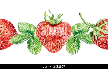 Strawberry seamless border, watercolor. Green leaves and red berries. Vector illustration. For packaging paper, wallpaper, textiles, fabric, covers, t Stock Vector