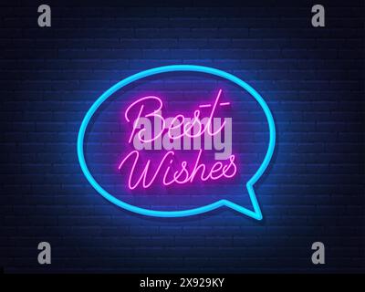 Best Wishes Neon Text on brick wall  background. Stock Vector