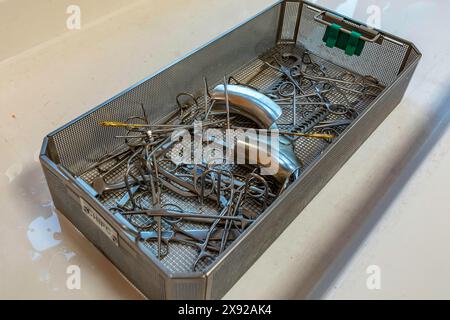 Surgical instruments in washing room before sterilization. Surgery equipment 016792 058 Stock Photo