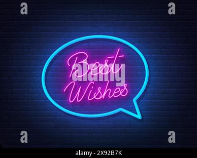 Best Wishes Neon Text on brick wall  background. Stock Vector
