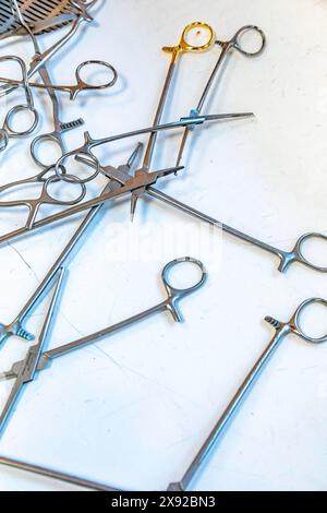 Surgical instruments in tray in washing room before sterilization. Surgery equipment 016792 061 Stock Photo