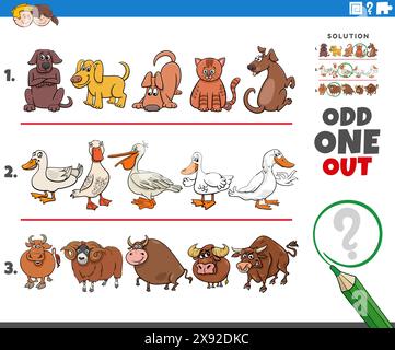 Cartoon illustration of odd one out picture in a row educational activity for children with comic animal characters Stock Vector