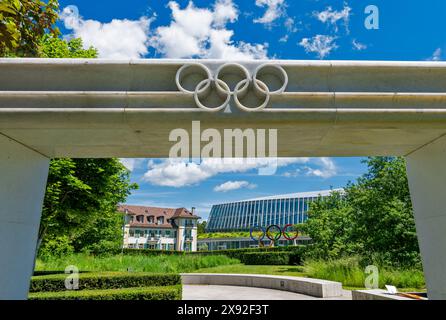 Lausanne, Switzerland - may 28, 2024: the Olympic rings in front of new Headquarters International Olympic Committee. Stock Photo