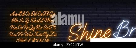 Shine Bright neon text on brick wall background. Stock Vector