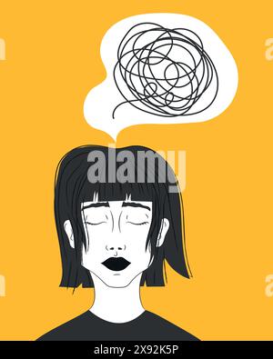 A girl with a tangle of thoughts, anxiety and messed emotions. Woman worried about bad mental health. Mental disorder and chaotic thoughts Stock Vector