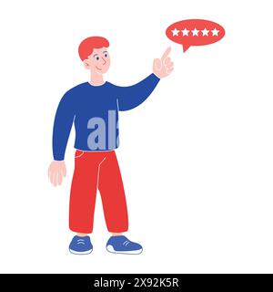 Young man is pointing five-star rating. Feedback and communication, rating stars. Online feedback reputation quality customer review. Vector illustrat Stock Vector
