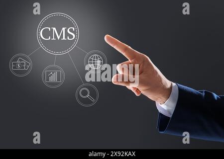 CMS. Man using virtual screen, closeup. Scheme with icons on dark background Stock Photo